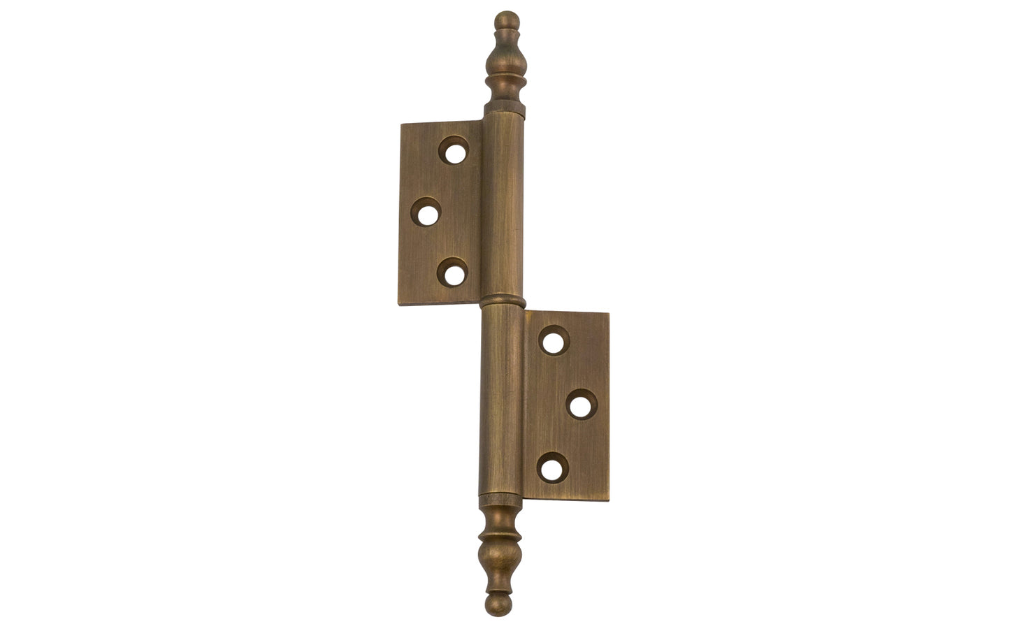 A high quality extruded & milled heavy gauge swaged Solid Brass "Flag" Hinges with Steeple Tips for cabinets, armoires, hutches, wardrobes, clock cases & cabinets with large doors. Thick 3/32" leaf thickness for longstanding durability. Antique brass finish.