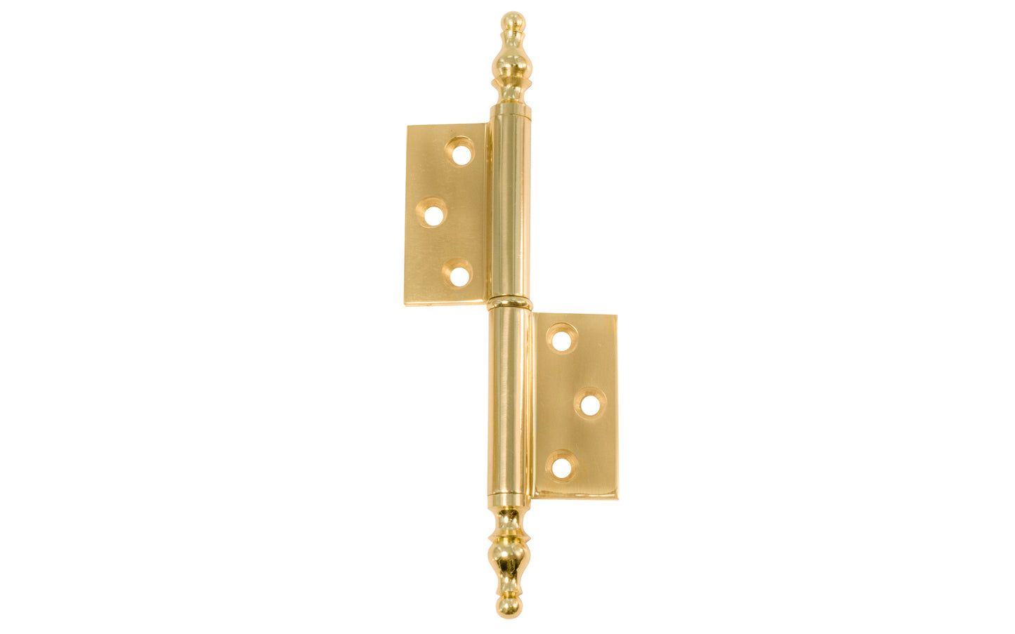 A high quality extruded & milled heavy gauge swaged Solid Brass "Flag" Hinges with Steeple Tips for cabinets, armoires, hutches, wardrobes, clock cases & cabinets with large doors. Thick 3/32" leaf thickness for longstanding durability. un-lacquered brass finish.