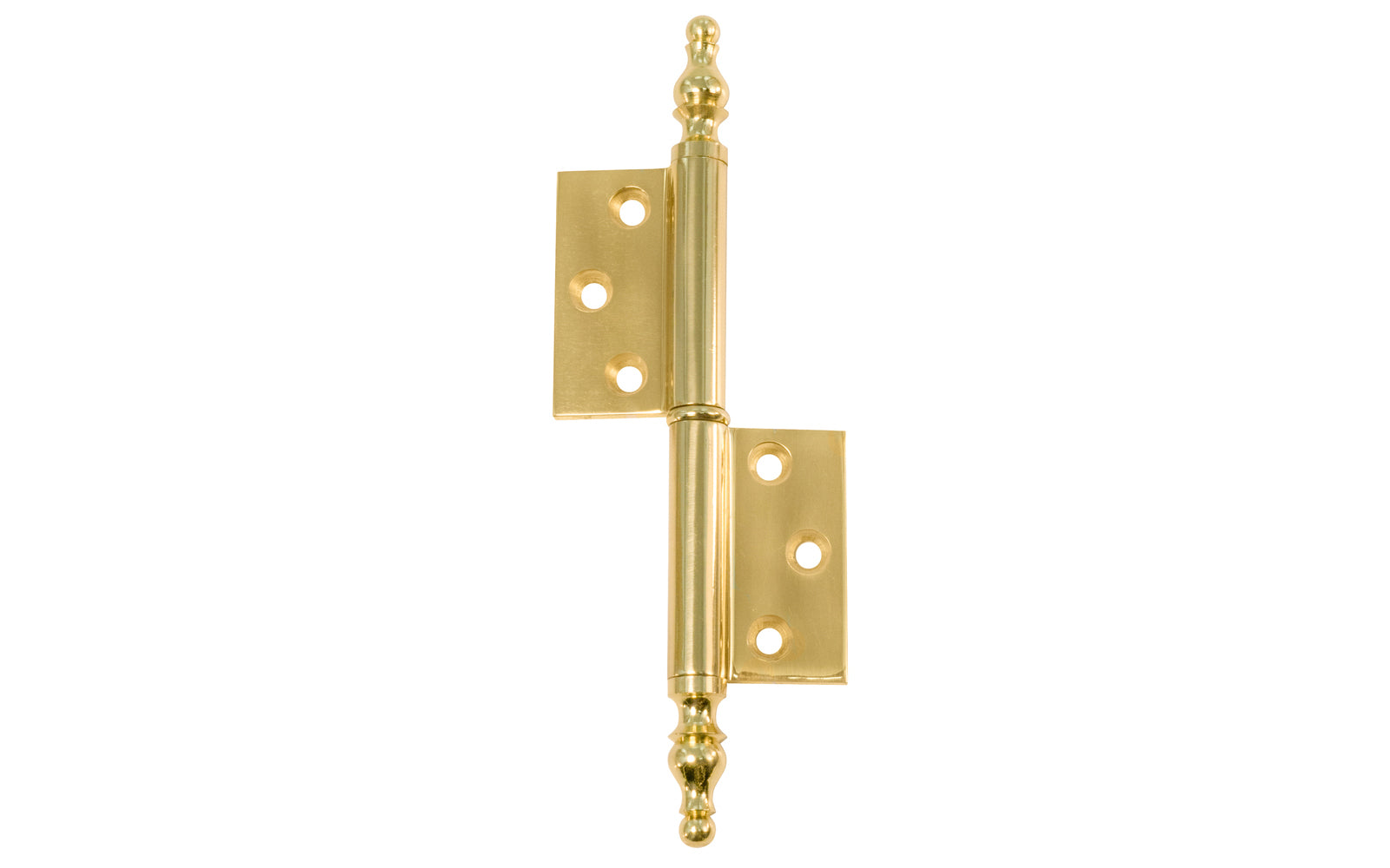 A high quality extruded & milled heavy gauge swaged Solid Brass "Flag" Hinges with Steeple Tips for cabinets, armoires, hutches, wardrobes, clock cases & cabinets with large doors. Thick 3/32" leaf thickness for longstanding durability. Lacquered brass finish.