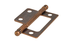 Traditional & classic 2" size non-mortise ball-tip steel cabinet hinges. Surface mount & great for inset cabinet doors & bi-fold doors. These steeple tip finial hinges are designed in the early 20th century style / Arts and Crafts style of hardware. Antique copper finish on steel material. Two hinges in pack.