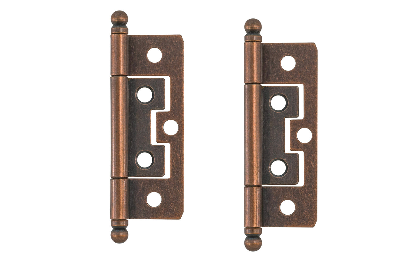 Traditional & classic 2-1/2" size non-mortise ball-tip steel cabinet hinges. Surface mount & great for inset cabinet doors & bi-fold doors. These steeple tip finial hinges are designed in the early 20th century style / Arts and Crafts style of hardware. Antique copper finish on steel material. Two hinges in pack.