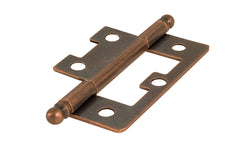 Traditional & classic 2-1/2" size non-mortise ball-tip steel cabinet hinges. Surface mount & great for inset cabinet doors & bi-fold doors. These steeple tip finial hinges are designed in the early 20th century style / Arts and Crafts style of hardware. Antique copper finish on steel material. Two hinges in pack.