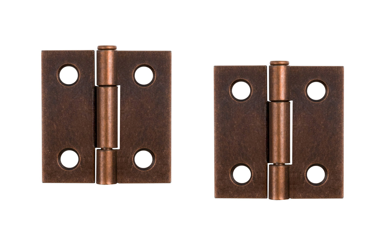 Traditional & classic plated steel butt cabinet hinges with loose pins. Removable hinge pins. 1-1/2" high x 1-1/2" wide. 1/16" leaf thickness gauge. Sold as a pair of hinges. Antique Copper Finish.