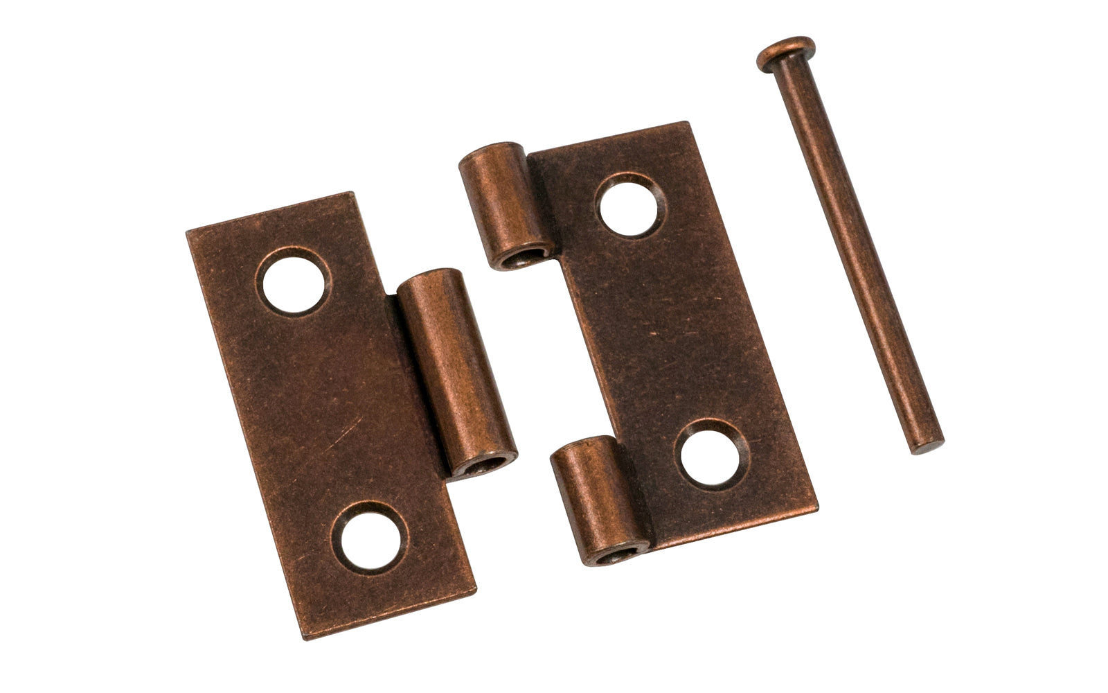 Traditional & classic plated steel butt cabinet hinges with loose pins. Removable hinge pins. 1-1/2" high x 1-1/2" wide. 1/16" leaf thickness gauge. Sold as a pair of hinges. Antique Copper Finish.