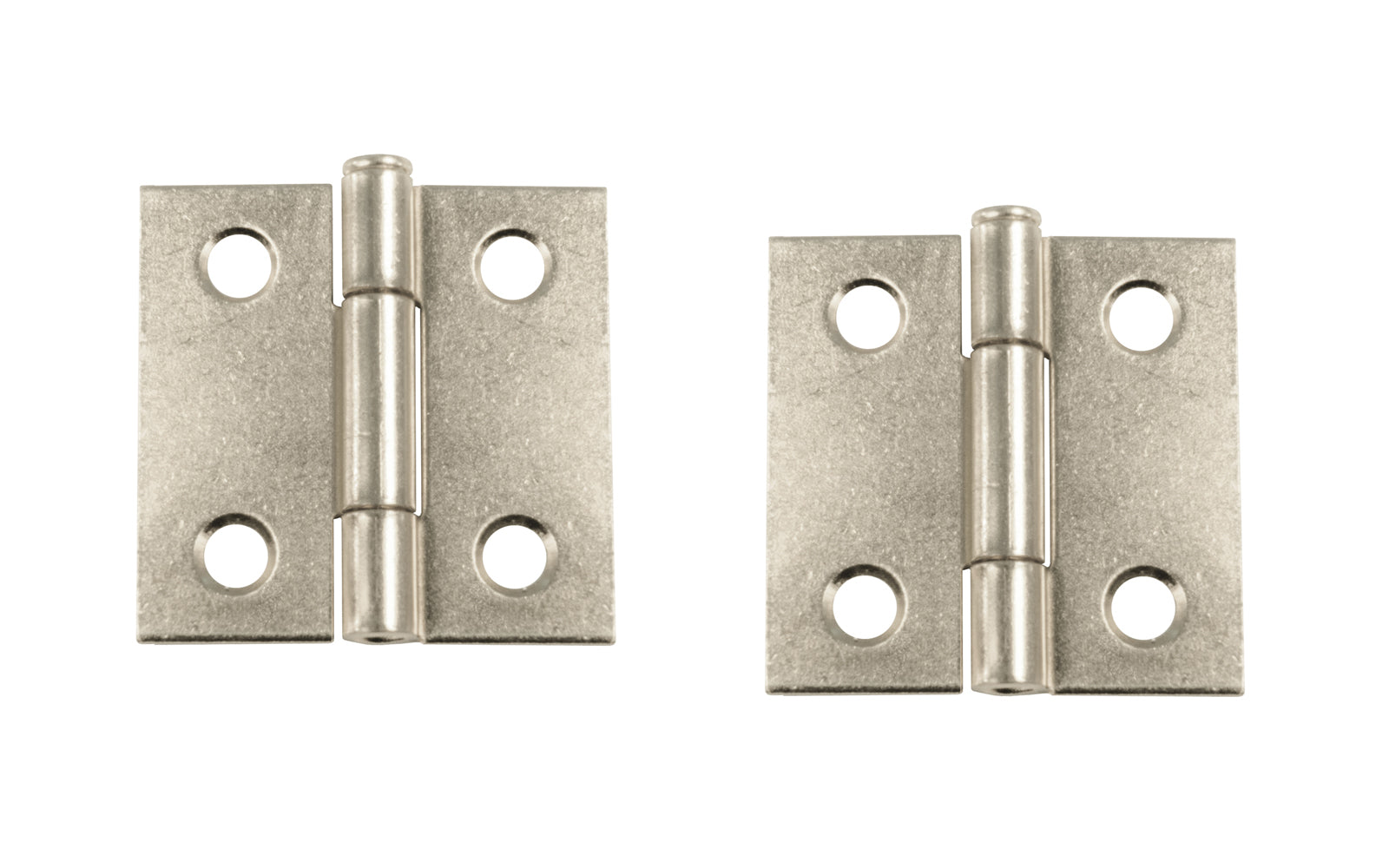 Traditional & classic plated steel butt cabinet hinges with loose pins. Removable hinge pins. 1-1/2" high x 1-1/2" wide. 1/16" leaf thickness gauge. Sold as a pair of hinges. Polished Nickel Finish.