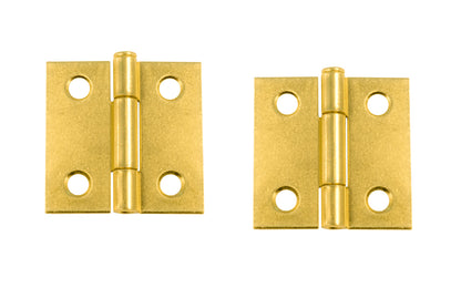 Traditional & classic plated steel butt cabinet hinges with loose pins. Removable hinge pins. 1-1/2" high x 1-1/2" wide. 1/16" leaf thickness gauge. Sold as a pair of hinges. Brass plated finish.