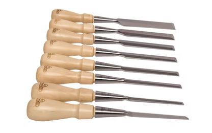 Made in England · Stanley 8-Piece Sweetheart Socket Chisel Set with Leather Roll. Classic & traditional style ~ High-carbon chrome steel. Beveled edges ~ Genuine Hornbeam wood handle. Includes 1/8", 1/4", 3/8", 1/2", 5/8", 3/4", 1", & 1-1/4" chisels. 8 piece set. Eight piece Sweet Heart chisel set with pouch.