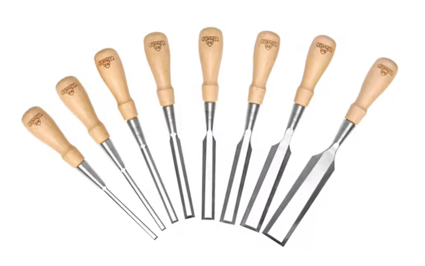 Made in England · Stanley 8-Piece Sweetheart Socket Chisel Set with Leather Roll. Classic & traditional style ~ High-carbon chrome steel. Beveled edges ~ Genuine Hornbeam wood handle. Includes 1/8", 1/4", 3/8", 1/2", 5/8", 3/4", 1", & 1-1/4" chisels. 8 piece set. Eight piece Sweet Heart chisel set with pouch.