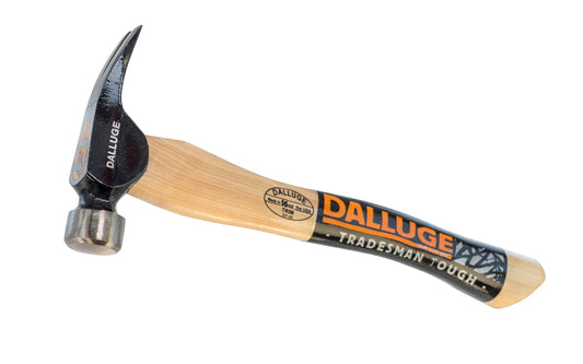 16 oz Dalluge Trim Hammer has a smooth face with a black finish head. Curved Hickory hardwood handle. Model 1650. Made in USA.