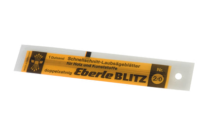 These fret saw blades are designed for wood & plastic. 34 pts per inch. 2/0 Fret Saw Blades - Dozen Pack. Jeweler's saw blades made in Germany. Eberle Blitz.