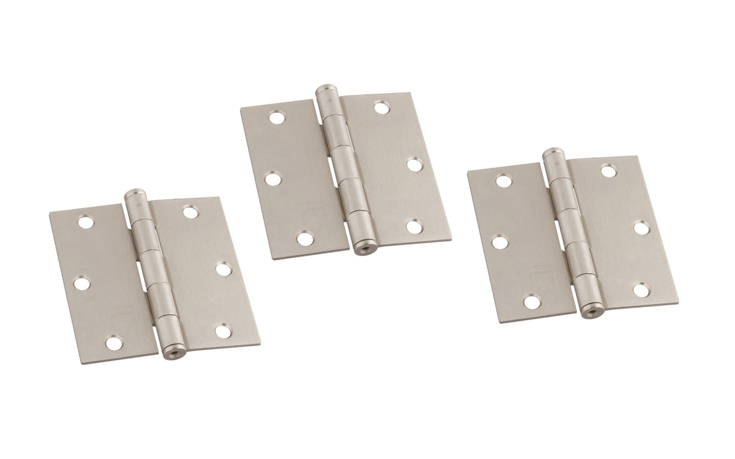 3-1/2" Satin Nickel Door Hinge with square corners & a removable pin. 3 Pack. Satin Nickel finish on steel material. Countersunk holes. Includes flat head screws. 3-1/2" x 3-1/2" door hinge size. Five knuckle, full mortise design. National Hardware Model No. N830-326. 886780007725