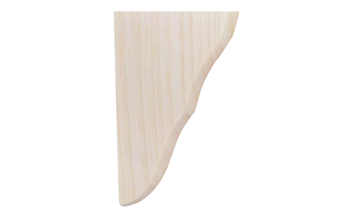 7" x 11" decorative unfinished pine wood corbel. Packed with keyhole hardware. Can be stained or painted. Hardware included. 3/4" thick. For use of shelves up to 10" wide.  Made by Waddell Mfg.