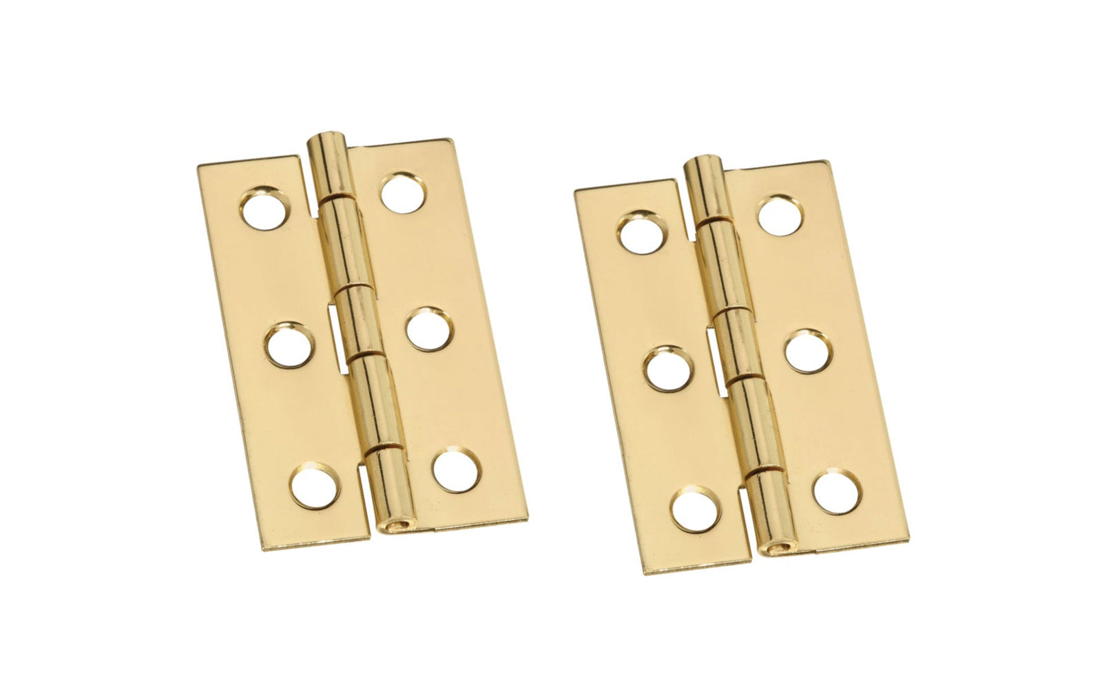 These solid brass hinges add a decorative appearance to small boxes, jewelry boxes, small lightweight cabinet doors, craft projects, etc. Made of solid brass material with a bright brass finish. 2" high x 1-3/16" wide. Surface mount. Non-removable pin. Pair of hinges. National Hardware Model No. N211-300. 038613211308