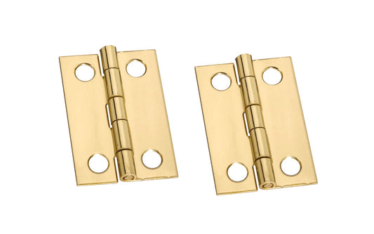 These solid brass hinges add a decorative appearance to small boxes, jewelry boxes, small lightweight cabinet doors, craft projects, etc. Made of solid brass material with a bright brass finish. 1-1/2" high x 1" wide. Surface mount. Non-removable pin. Pair of hinges. National Hardware Model No. N211-292. 