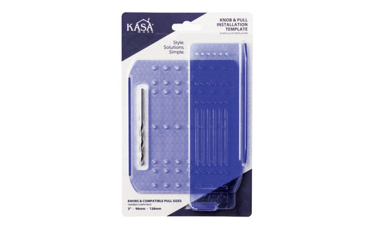 Kasaware Hardware Mounting Template Kit. Alignment guide for easy mounting of all standard knobs & pulls. hardware mounting template kit. Includes door and drawer templates and 3/16" drill bit. Used with knobs and most common pull sizes up to 128 mm center-to-center. Template is plastic. 
