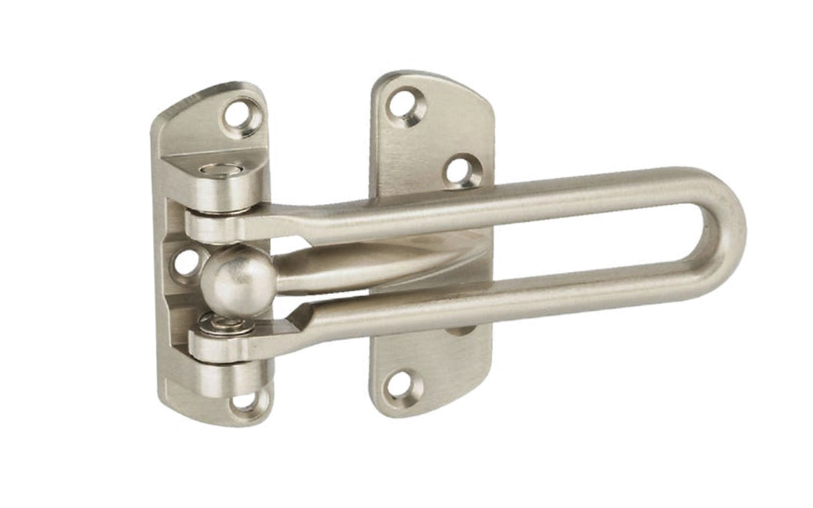 Satin Nickel Finish Door Security Guard. Designed to provide increased security for wood or metal doors. Guard allows door to be opened slightly for ventilation or viewing while resisting possible forced entry. Nickel finish. Includes seven phillips head screws. National Hardware Model No. N335-984.