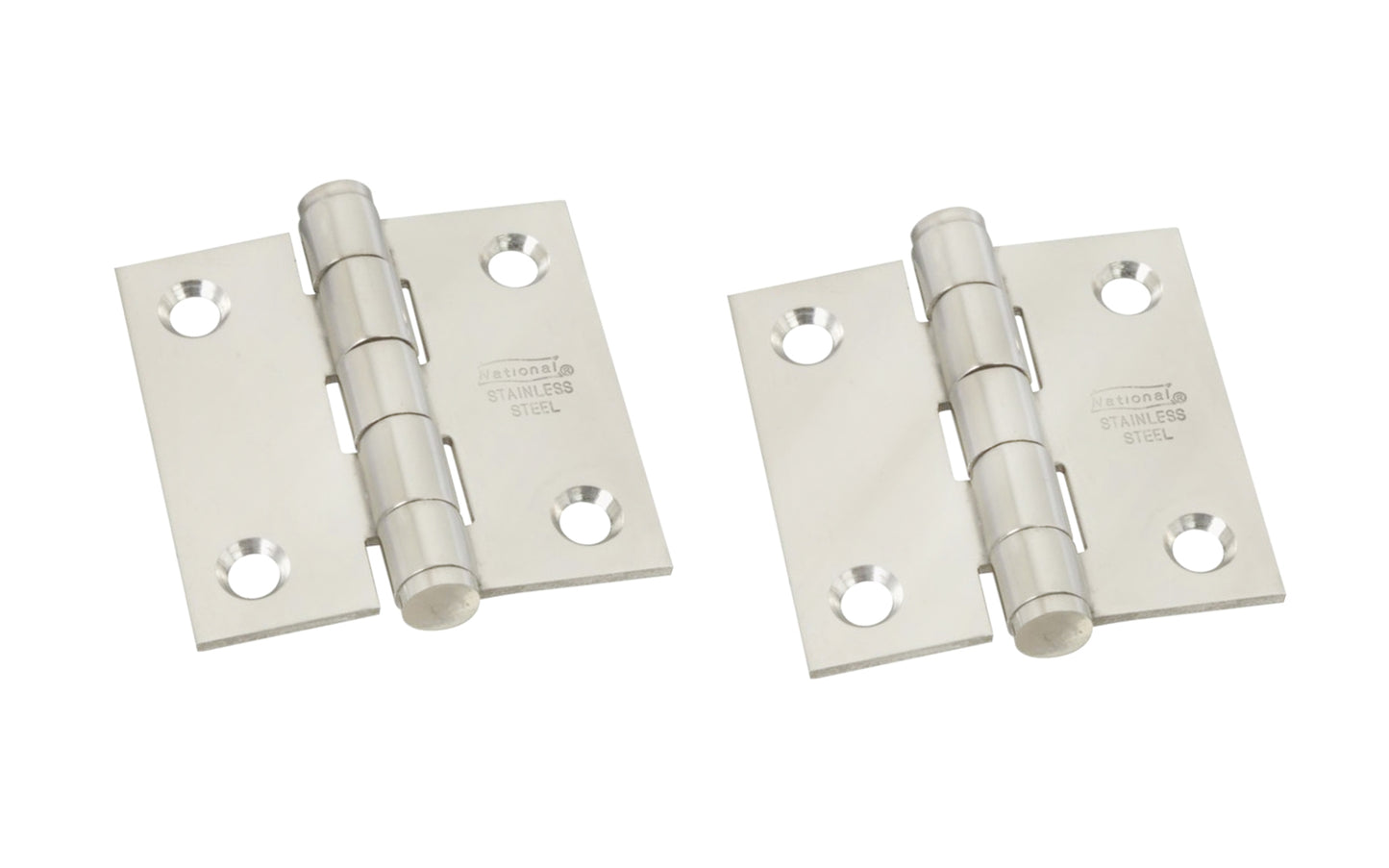 2" Stainless Door Hinges. Stainless steel material, 300 series, for maximum corrosion resistance & heavy-gauge material for added strength. Nob on hinge with square corners. Non-rising pin. 5 knuckle, full mortise design. Screw holes are countersunk. Removable pin. National Hardware Model N276-964. 038613276963. 