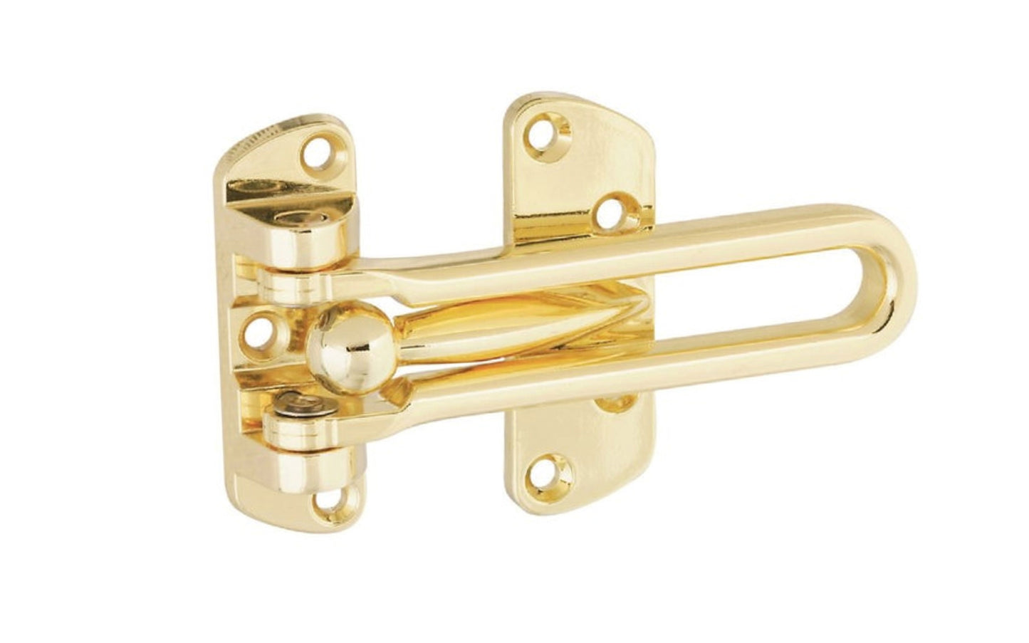 Brass Finish Door Security Guard. Designed to provide increased security for wood or metal doors. Guard allows door to be opened slightly for ventilation or viewing while resisting possible forced entry. Brass plated finish. Includes seven phillips head screws. National Hardware Model No. N199-679.