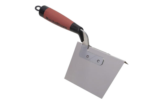 Marshalltown 5" x 3-3/4" Outside Corner Trowel. Flexible stainless steel designed to embed tape and smooth out the final layer of mud for sharp, smooth corners. Model 25D.