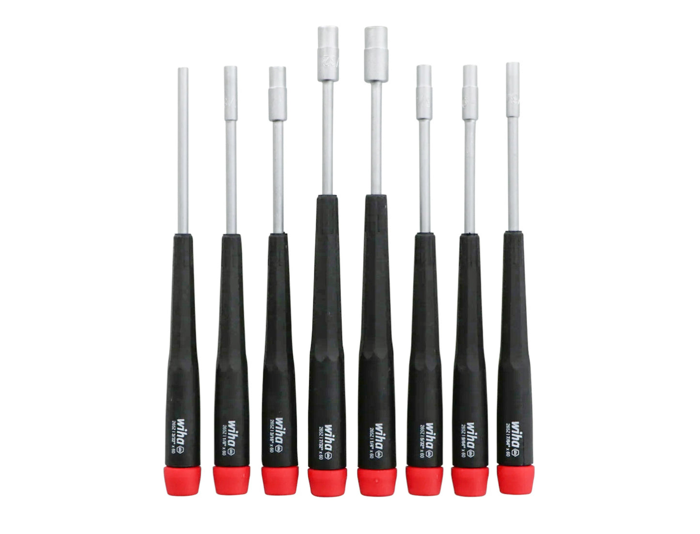 Wiha 7-Piece SAE Nut Driver Set. A high quality Wiha SAE standard precision nut driver set made out of hardened CRM72 tool steel. 3/32", 7/64", 1/8", 9/64", 5/32", 3/16", 7/32", 1/4" sizes. Made in Germany. Wiha Model 26591.