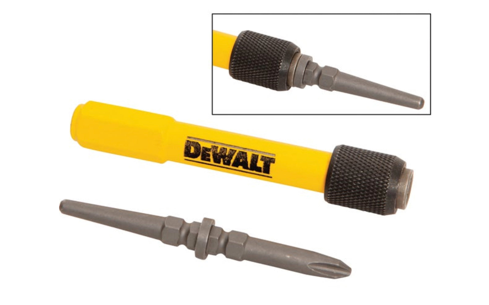 DeWalt Interchangable Nail Set. Designed for setting different size nails below the surface of wood. Interchangeable tip for convenience (includes 1/32", 2/32", 3/32", and #2 Phillips tips). Hexagonal head prevents rolling and can be used as a standard drill chuck. Model DWHT58503. 