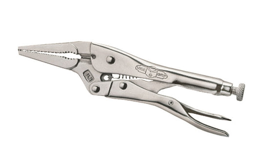 Irwin 4" "The Original" Vise Grip Locking Nose Plier. Model 4LN. Item No. 1602L3. Turn screw to adjust pressure and fit work. Stays adjusted for repetitive use. Constructed of high-grade heat-treated alloy steel for maximum toughness & durability. Hardened teeth are designed to grip from any angle. 1-1/2" Jaw Capacity ~ 038548016047