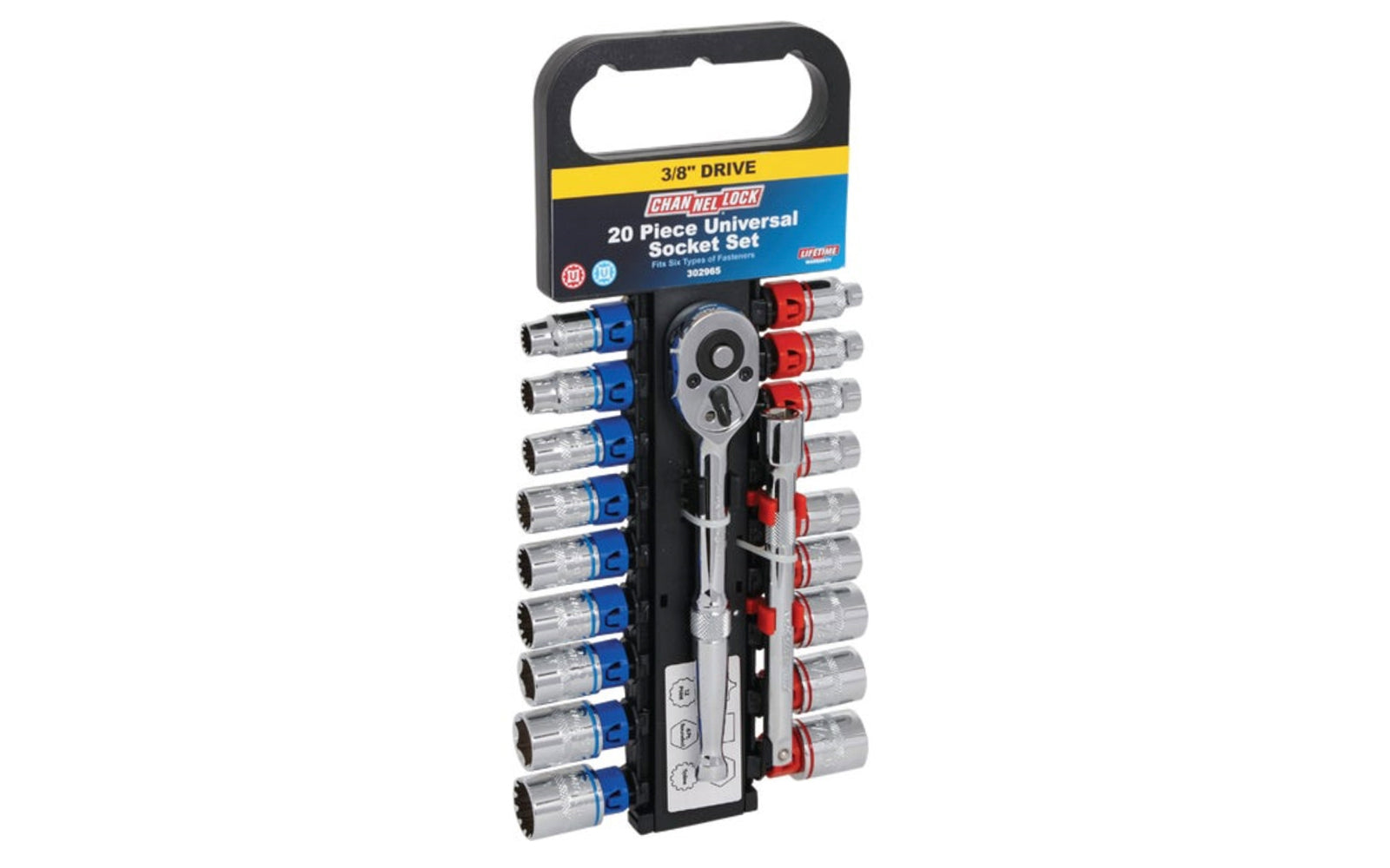 Channellock 20 PC 3/8" DR Universal Socket Set. Universal socket set. Use with E-Torx, Square, 6 Point, 12 Point, 6 Point Rounded, and Spline fasteners. Model 302965.  009326332901. 20 piece channelock ratchet socket set.