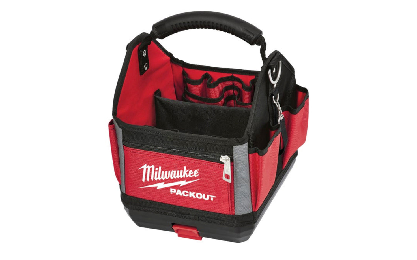 Milwaukee 28-Pocket 10" Tool Tote "Packout". Part of the PACKOUT Modular Storage System. Features an impact resistant molded base that fully integrates with all PACKOUT system components. Constructed with 1680D ballistic material, all metal hardware, and heavy-duty zippers, the tool bag is designed for ultimate durability. The over-molded handle allows for easy transport, and pockets are designed to organize and carry tools and accessories. Model 48-22-8310.