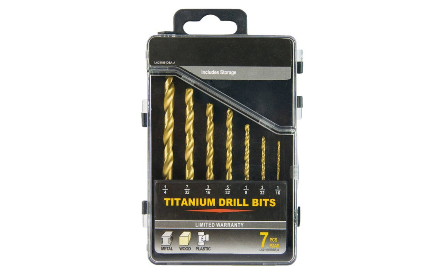 A basic & economy 7-PC Titanium Drill Bit Set. Sizes in set:  1/16",  3/32",  1/8",  5/32",  3/16",  7/32",  1/4". Use for wood, plastic, & metal. 7 piece set. Includes plastic case. 7-pc twist drill bit set.