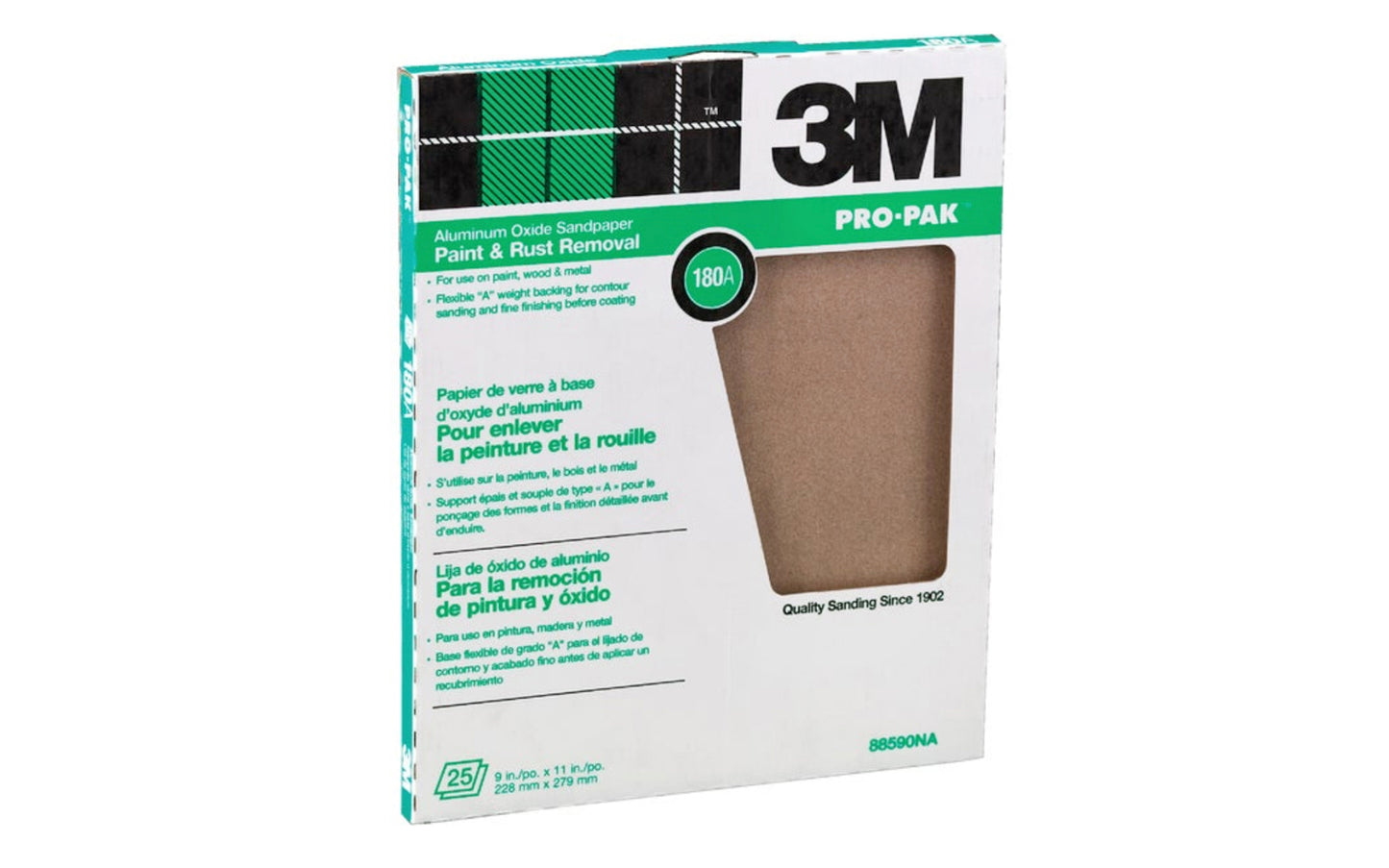 3M Aluminum Oxide Sandpaper 180 Grit - 25 Sheets. All-purpose aluminum oxide abrasive for home & shop use. Open coated sheets for wood and metal sanding. 3M Model 88590NA.  Made in Canada.