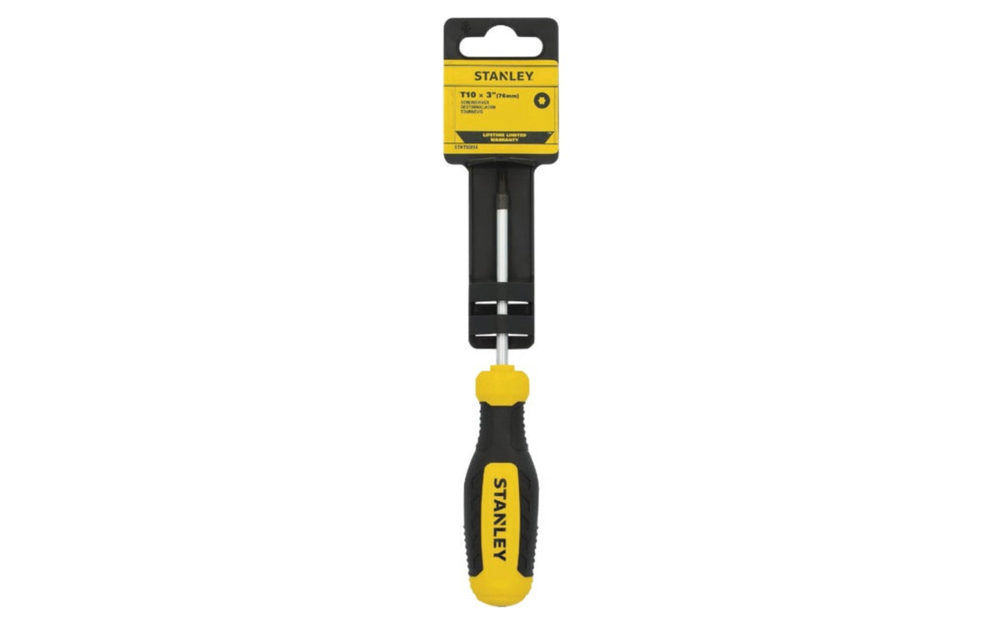 Stanley T10 Torx Screwdriver. 3" long blade. Stanley Torx Screwdriver, complete with a tri-zone bi-material handle ideal for precision, torque, and speed applications. This durable screwdriver is designed with strong steel blades, a chrome finish that offers corrosion resistance. Model STHT60814.