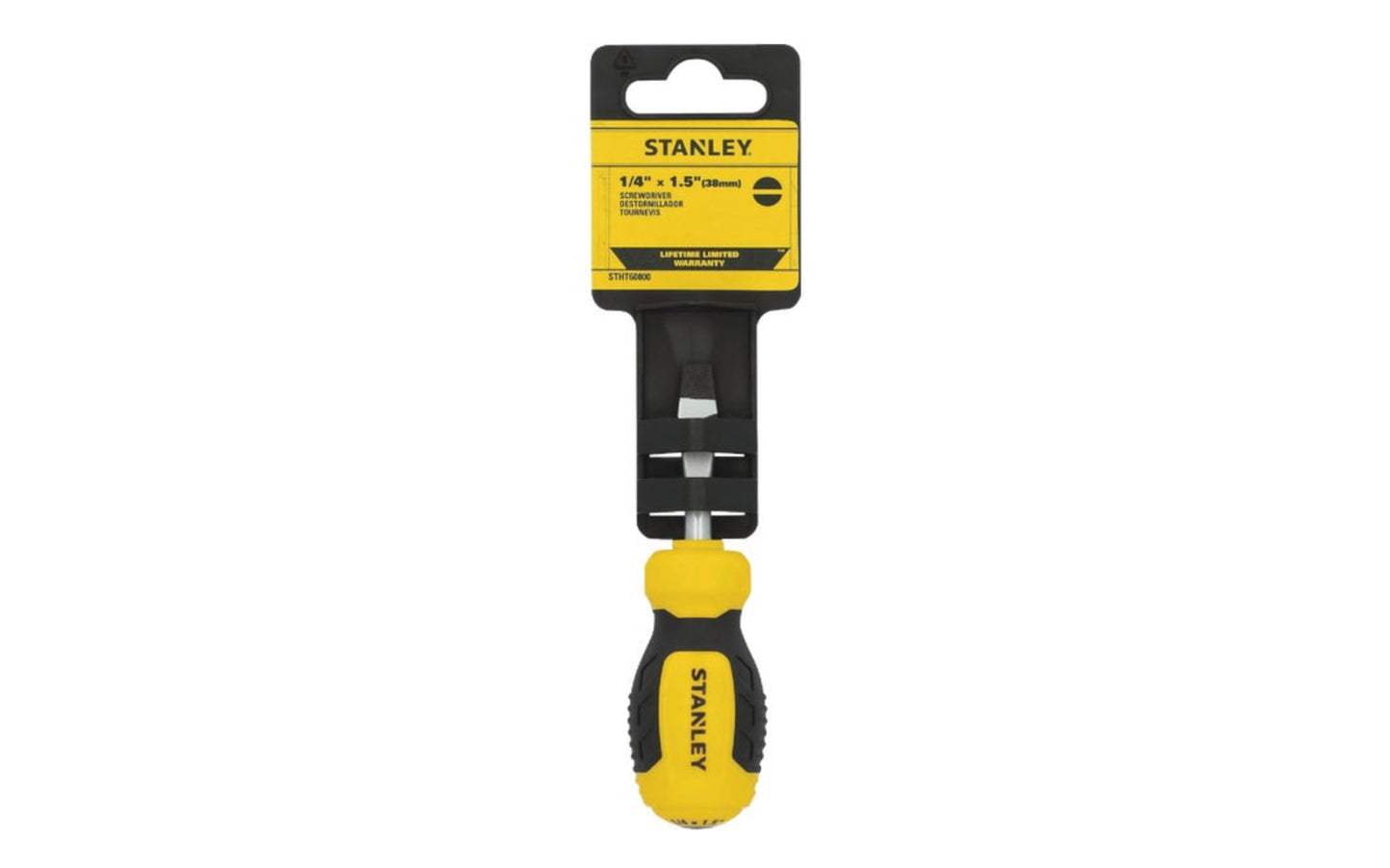 This Stanley 1/4" Slotted Stubby Screwdriver has a tri-zone bi-material handle ideal for precision, torque, & speed applications. This durable screwdriver is designed with a strong steel blade, a chrome finish. Stanley Tools Model STHT60800.