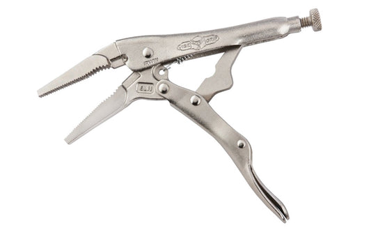 Irwin 6" "The Original" Vise Grip Locking Nose Plier. Model 6LN. Item No. 1402L3. Turn screw to adjust pressure and fit work. Stays adjusted for repetitive use. Constructed of high-grade heat-treated alloy steel for maximum toughness & durability. Hardened teeth are designed to grip from any angle. 2" Jaw Capacity.
