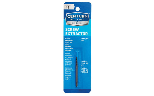 A Spiral Flute Screw Extractor made by Century Drill & Tool. Remove broken bolts & screws with these square shaft extractors. Ideal for thin wall extractions. #1 size. 