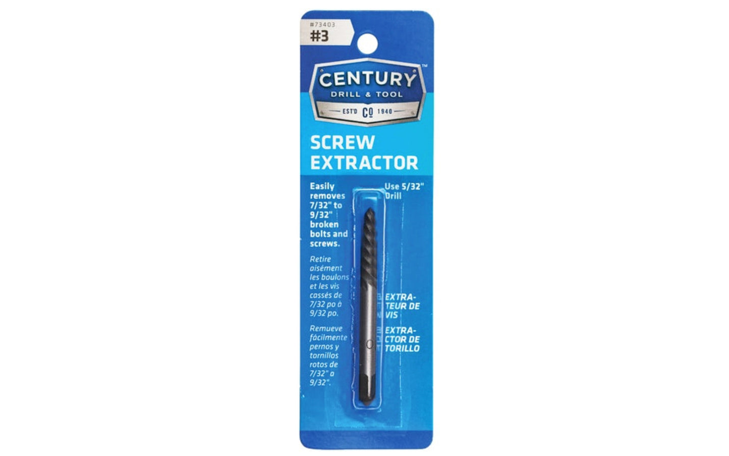 A Spiral Flute Screw Extractor made by Century Drill & Tool. Remove broken bolts & screws with these square shaft extractors. Ideal for thin wall extractions. #3 size.