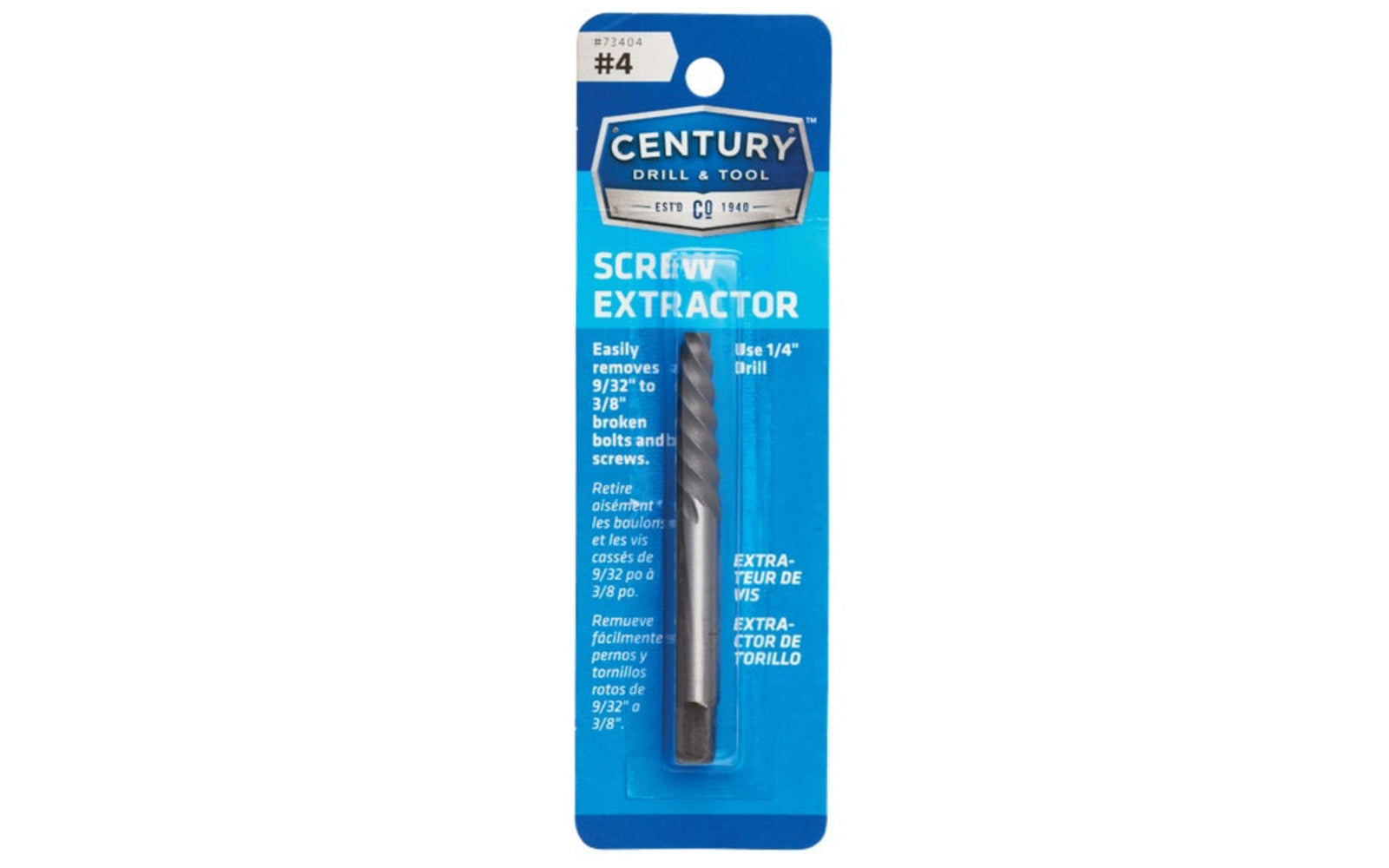 A Spiral Flute Screw Extractor made by Century Drill & Tool. Remove broken bolts & screws with these square shaft extractors. Ideal for thin wall extractions. #4 size.