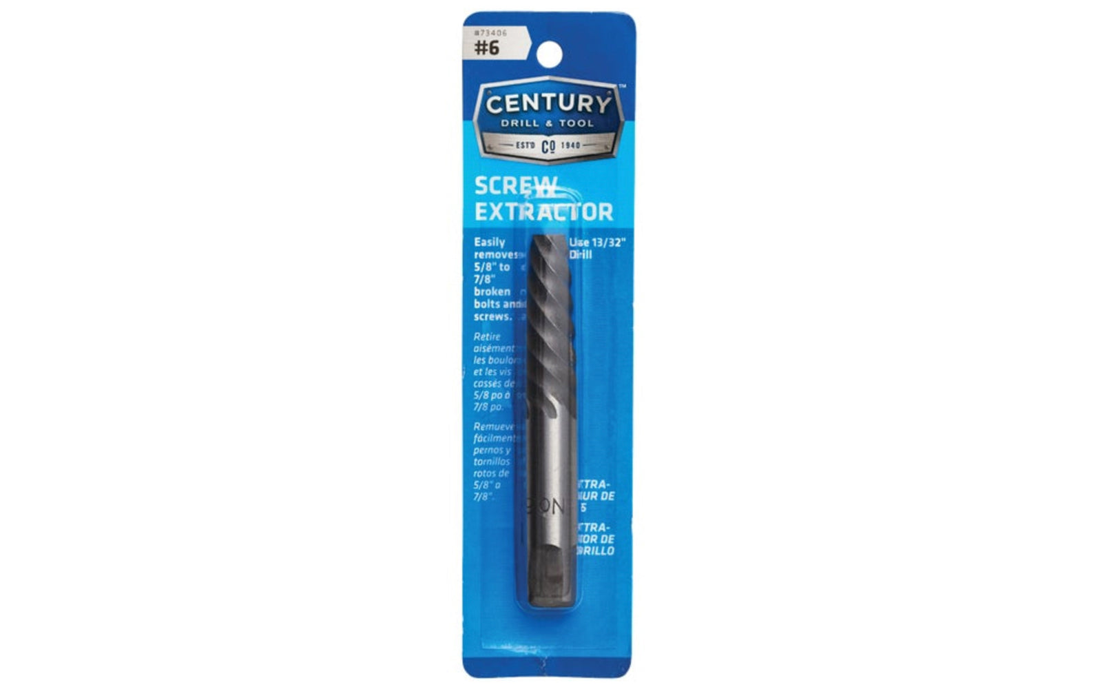 A Spiral Flute Screw Extractor made by Century Drill & Tool. Remove broken bolts & screws with these square shaft extractors. Ideal for thin wall extractions. #6 size.
