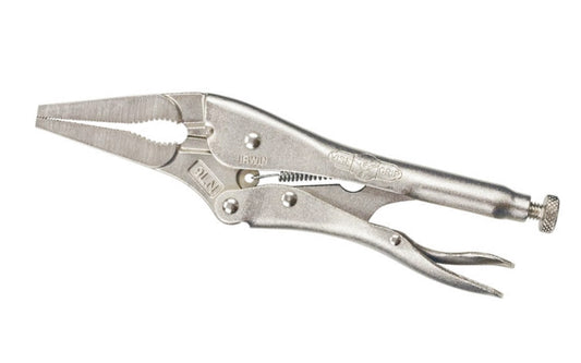 Irwin 9" "The Original" Vise Grip Locking Nose Plier. Model 9LN. Item No. 1502L3. Turn screw to adjust pressure and fit work. Stays adjusted for repetitive use. Constructed of high-grade heat-treated alloy steel for maximum toughness & durability. Hardened teeth are designed to grip from any angle. 2-3/4" Jaw Capacity.