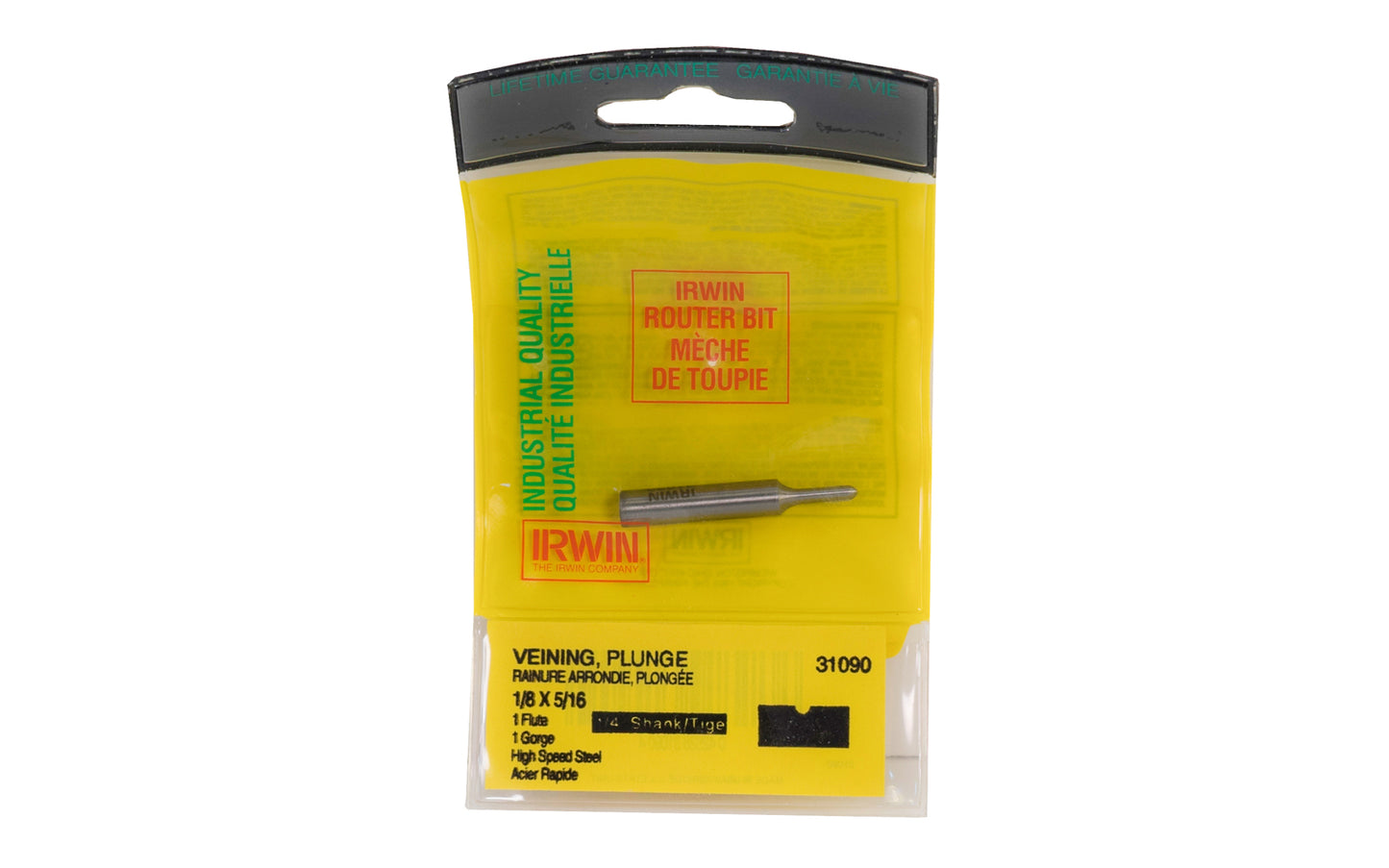 Irwin HSS Veining, Plunge Router Bit - Made in USA. High speed steel Router Bit. 1-5/8" overall length. 1/4" shank. Irwin Model No. 31090. Made in USA.