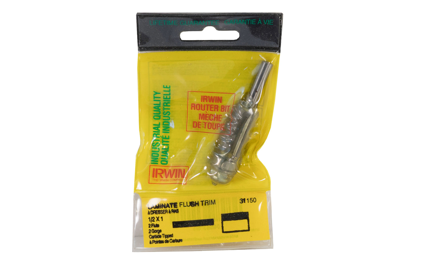 Irwin Carbide 1/2" x 1" Laminate Flush Trim Router Bit. 3" overall length. 1/4" shank. Irwin Model No. 31150. Made in USA.