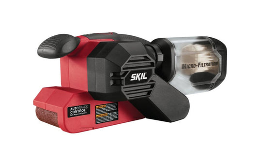 Skil 3"x 18" Belt Sander - 6.0 Amp. Pressure control technology monitors sanding pad pressure applied for optimal finish. 6.0 A of power sands any type of wood surface. Micro-filtration captures and contains fine dust particles. Auto track belt alignment keeps belt centered. Vacuum compatible - fits standard 1-1/4 In. vacuum hoses. Flush edge sanding sands right up to the edge for maximum capacity. Single lever belt changes. On/off trigger with lock-on button. Double insulated 6' cord.