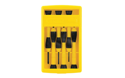 Stanley Precision Screwdriver Set. 6-piece precision screwdriver set featuring swivel-head handles. Tough plastic shafts and soft cushion-grip. Plastic storage case to index tools. Contains: #0 Phillips, #1 Phillips, 1.4 mm, 2.0 mm, 2.4 mm, and 3.0 mm slotted. Model 66-052.