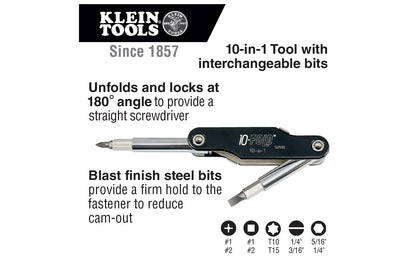 The Klein Tools 10-in-1 Multi-Bit Folding Screwdriver / Nut driver has the bits to handle your most common tasks. From Phillips or slotted to square & Torx, these tips are precision-machined for an exact fit. Assembled in USA. Model 32535.