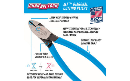 Channellock 6" "XLT" Diagonal Cutting Pliers  increases performance & reduces hand fatigue Laser heat-treated cutting edges perform better & last longer. Forged high carbon U.S. steel for strength & durability is specially coated for ultimate rust prevention. Vinyl blue comfort grips. 025582828217. Made in USA. 