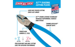 Channellock 8" "XLT" Diagonal Cutting Pliers  increases performance & reduces hand fatigue Laser heat-treated cutting edges perform better & last longer. Forged high carbon U.S. steel for strength & durability is specially coated for ultimate rust prevention. Vinyl blue comfort grips. 025582827616. Made in USA. 