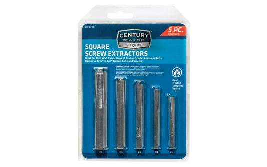 Straight Flute Screw Extractor - 5 PC Set. A Straight Flute Screw Extractor made by Century Drill & Tool. Remove broken bolts & screws with these square shaft extractors. Ideal for thin wall extractions. Includes #1, #2, #3, #4, & #5 sizes. 