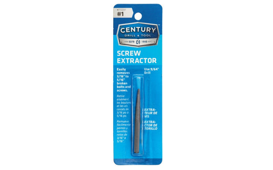 A Straight Flute Screw Extractor made by Century Drill & Tool. Remove broken bolts & screws with these square shaft extractors. Ideal for thin wall extractions. #1 size. 