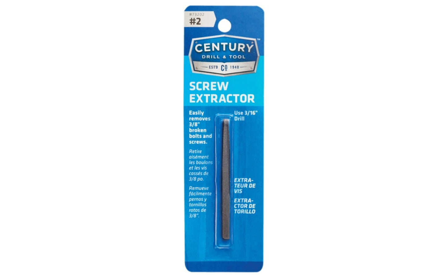 A Straight Flute Screw Extractor made by Century Drill & Tool. Remove broken bolts & screws with these square shaft extractors. Ideal for thin wall extractions. #2 size. 