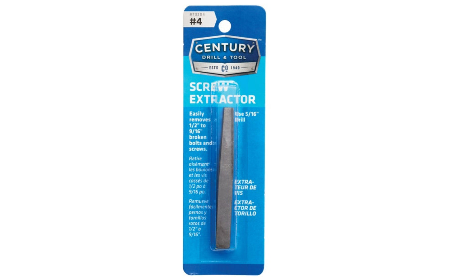 A Straight Flute Screw Extractor made by Century Drill & Tool. Remove broken bolts & screws with these square shaft extractors. Ideal for thin wall extractions. #4 size. 