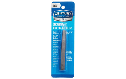 A Straight Flute Screw Extractor made by Century Drill & Tool. Remove broken bolts & screws with these square shaft extractors. Ideal for thin wall extractions. #4 size. 